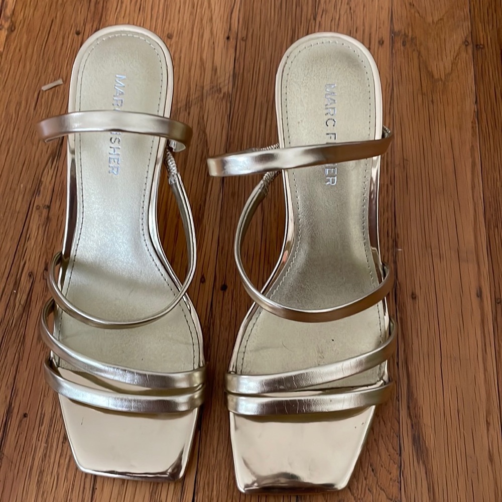 Marc Fisher Gold Octagonal Strappy Heels
